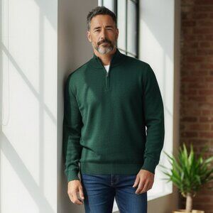 Lands End Cashmere Sweater Forest Green Quarter Zip XL Tall Long Holiday